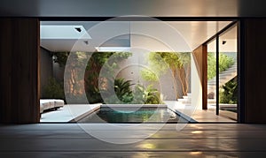 Beautiful modern house interior with swimming pool in the middle. Contemporary design with greenery at poolside. Generative AI