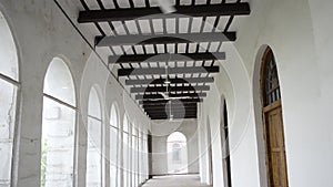 Beautiful Modern interior shot of white flat full of large windows with fans on ceiling front view