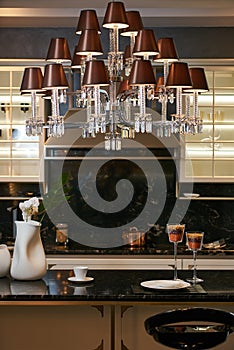 Beautiful modern kitchen interior with kitchenware and dry grain