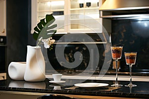 Beautiful modern kitchen interior with kitchenware and dry grain