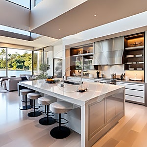 Beautiful Modern Kitchen in a Luxury Home Interior with Large Island and Stainless Steel Appliances