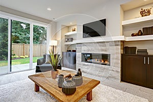 Beautiful modern living room interior with stone wall and fireplace in luxury home