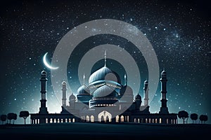 beautiful modern mosque, night scene with moon and starry sky, ramadan, the holy month of muslims. Generative AI