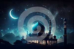 beautiful modern mosque, night scene with moon and starry sky, ramadan, the holy month of muslims. Generative AI