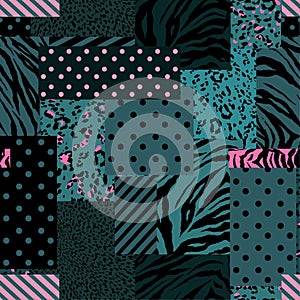 Beautiful modern patchwork collage animal skin mixed with geometric pattern ,polka dots and stripe in seamless vector design for