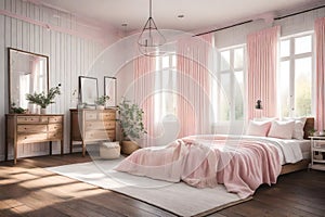 BEAUTIFUL MODERN ROOM WITH LIGHT PINK CURTAINS AND BEDSHEET GENERATED BY AI TOOL