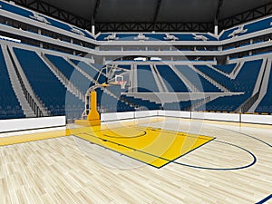 Beautiful modern sport arena for basketball with blue seats and yellow paint