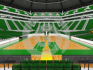 Beautiful modern sport arena for basketball with green chairs