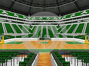 Beautiful modern sport arena for basketball with green chairs