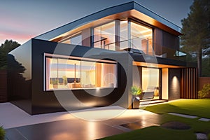 A Beautiful modern style luxury home exterior with glowing lights Generative AI