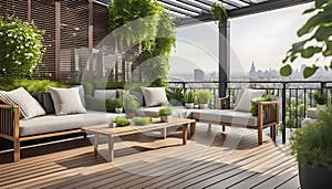 Beautiful modern terrace with wooden floor, green flowers in pots and garden furniture