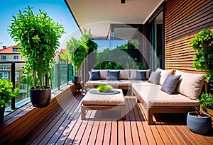 Beautiful modern terrace with wooden floor, green flowers in pots and garden furniture