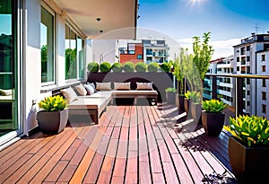 Beautiful modern terrace with wooden floor, green flowers in pots and garden furniture