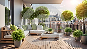 Beautiful modern terrace with wooden floor, green flowers in pots and garden furniture