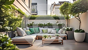 Beautiful modern terrace with wooden floor, green flowers in pots and garden furniture