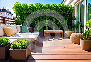 Beautiful modern terrace with wooden floor, green flowers in pots and garden furniture