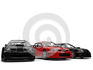 Beautiful modern touring race cars in a line