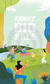 Beautiful modern view of nature landscape with family activity on the hill. Big Sale discount banner, background scenery