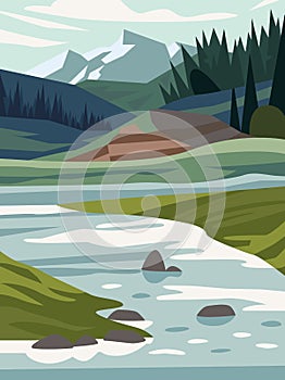 Beautiful modern view of nature landscape with forest, mountains,river,lake,waterfall,and pines. Banner, background scenery vector