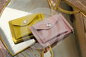 Beautiful modern women's leather wallets lying on mirrors on a sunny day