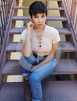 Beautiful modern young woman with short hair