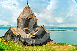 Beautiful monastery Sevanavank on the shore of Lake Sevan,