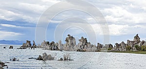Beautiful mono lake with tufa Towers formation view from shoreline in mammoth lakes California