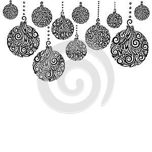 Beautiful monochrome Black and White Christmas background with Christmas balls Hanging .