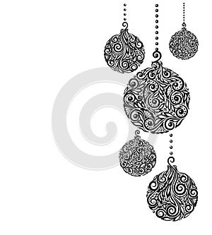 Beautiful monochrome Black and White Christmas background with Christmas balls Hanging