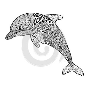 Beautiful monochrome black and white dolphin with decorative flourish elements