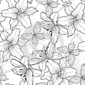 Beautiful monochrome, black and white seamless background with lilies and butterflies. Hand-drawn contour lines.