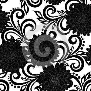 Beautiful monochrome black and white seamless pattern with dahlia flowers and abstract floral swirls