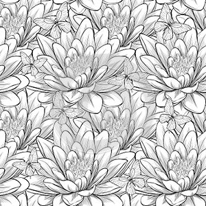 Beautiful monochrome, black and white seamless pattern with lotus flowers. Hand-drawn contour lines and strokes.