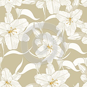 Beautiful monochrome, light green outline seamless pattern with lilies and leaves.