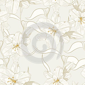 Beautiful monochrome, sepia outline seamless pattern with lilies and leaves.