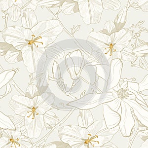 Beautiful monochrome, sepia outline seamless pattern with lilies and magnolia flowers with leaves.