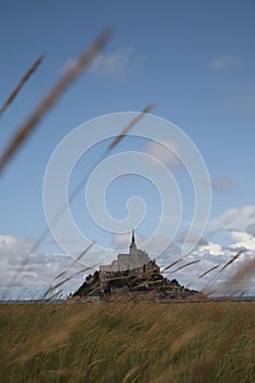 Beautiful Mont Saint Michel cathedral on the island, Normandy, Northern France, Europe. with livestock of sheeps. View at the Mont