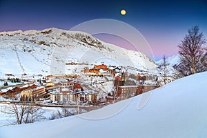 Beautiful moonlight and ski resort in the French Alps,Europe