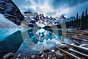 Beautiful Moraine Lake in Banff National Park, Alberta, Canada, Long Exposure photo of Lake Moraine, Banff National Park, AI