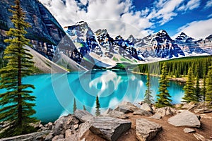 Beautiful Moraine lake in Banff National Park, Alberta, Canada, Moraine lake panorama in Banff National Park, Alberta, Canada, AI