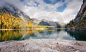 Beautiful morning on Braies Lake.