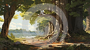 Beautiful Morning Canopy Tree With Detailed Texture - Makoto Shinkai Inspired Cartoon Art