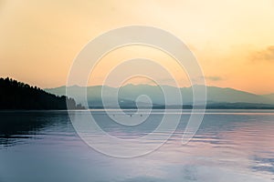 A beautiful morning landscape with ducks swimming in the mountain lake with mountains in distance. Sunset scenery in light colors.