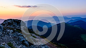 Beautiful morning landscape during sunrise from above. Velky Rozsutec, Mala Fatra