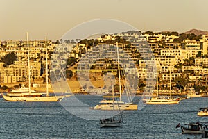 Beautiful morning landscape with sunrise in the Gulf of Gumbet of the city of Bodrum