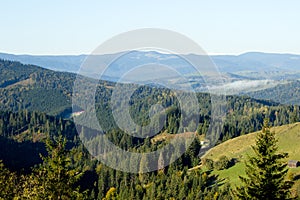 Beautiful morning landscape on the way to Transfagarasan road with forest in Romania,Carpathian mountains in autumn