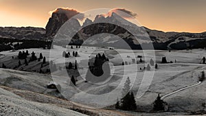 Beautiful morning light over the Langkofel mountain peaks, Alpe di Siusi, Italy, Europe