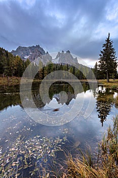 Beautiful morning with mountain refection at Antorno lake, Italy, Europe