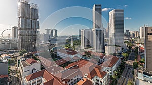 A beautiful morning panorama with Marina Bay area and skyscrapers city skyline aerial timelapse.