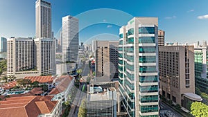 A beautiful morning panorama with Marina Bay area and skyscrapers city skyline aerial timelapse.